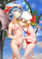 Rule 34 | 2girls, :o, alternate costume, backdrop, barefoot, bat wings, beach, bikini, blonde hair, blue hair, blush, breasts, collarbone, fangs, flandre scarlet, groin, hat, hat ribbon, highres, looking at viewer, multiple girls, nail polish, nathaniel pennel, navel, pennel, pink bikini, pointy ears, red bikini, red eyes, remilia scarlet, ribbon, short hair, siblings, sisters, slit pupils, small breasts, sweat, swimsuit, touhou, wings