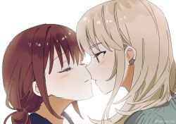 Rule 34 | 2girls, brown hair, closed mouth, earclip, girls band cry, grey eyes, habsida (habsida hpy), highres, imminent kiss, iseri nina, kawaragi momoka, light brown hair, long hair, looking at another, multicolored hair, multiple girls, parted lips, portrait, roots (hair), short twintails, simple background, twintails, twitter username, white background, yuri
