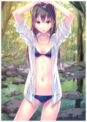 Rule 34 | 10s, 1girl, arms up, bikini, bikini under clothes, black bikini, breasts, brown hair, green eyes, idolmaster, idolmaster cinderella girls, jewelry, long hair, navel, necklace, nishimura eri, open clothes, open shirt, parted lips, see-through, shibuya rin, shirt, sleeves pushed up, small breasts, solo, sweat, swimsuit, swimsuit under clothes