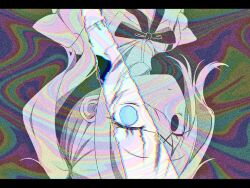Rule 34 | 1girl, ame-chan (needy girl overdose), black ribbon, blue eyes, chouzetsusaikawa tenshi-chan, distortion, dual persona, film grain, hair ornament, hair over one eye, letterboxed, long hair, looking at viewer, neck ribbon, needy girl overdose, open mouth, revealing layer, ribbon, solo, spot color, twintails, uiha xxx, upper body, upside-down, x hair ornament