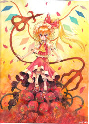 Rule 34 | 1girl, bad id, bad pixiv id, blonde hair, bow, crystal, female focus, flandre scarlet, flower, hair bow, laevatein, mary janes, mosho, shoes, signature, sitting, skull, solo, embodiment of scarlet devil, touhou, traditional media, wings