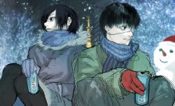 Rule 34 | 1boy, 1girl, black hair, can, canned coffee, city lights, coat, coffee, couple, drink can, eyepatch, fur-trimmed coat, fur trim, highres, kaneki ken, kirishima touka, looking to the side, medical eyepatch, scarf, snow, snowing, snowman, stfr (stfr kaz), tokyo ghoul