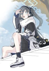 Rule 34 | 1girl, absurdly long hair, aris (blue archive), black cat, black hair, black hairband, black socks, blue archive, blue eyes, cat, ginkgo leaf, hairband, highres, jacket, kilabo, leaf, ledge, long hair, luo xiaohei, multicolored clothes, multicolored jacket, notice lines, one side up, pleated skirt, scarf, shoes, sitting, skirt, sneakers, socks, solo, sparkling eyes, luo xiaohei zhanji, tie clip, very long hair, white footwear, white scarf