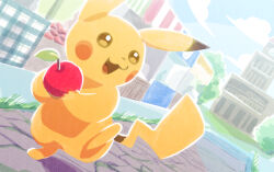 Rule 34 | :3, :d, apple, blue sky, clock, clock tower, commentary request, creatures (company), day, food, fruit, game freak, gen 1 pokemon, grass, holding, holding food, holding fruit, leaf, leg up, market stall, nintendo, no humans, open mouth, outdoors, partial commentary, path, pikachu, pokemon, pokemon (creature), road, shadow, sky, smile, solo, tower, tree, ukata, yellow eyes