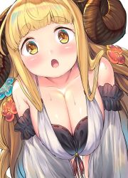 Rule 34 | 1girl, :o, anila (granblue fantasy), anila (summer) (granblue fantasy), blonde hair, blush, breasts squeezed together, breasts, cleavage, collarbone, commentary request, detached sleeves, draph, flower, granblue fantasy, hair flower, hair ornament, horns, large breasts, looking at viewer, sakimori dan, sheep horns, solo, thick eyebrows, yellow eyes
