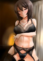 Rule 34 | 10s, 1girl, absurdres, black bra, black panties, black thighhighs, bra, breast hold, breasts, brown eyes, brown hair, cleavage, closed mouth, collarbone, commentary request, cowboy shot, garter belt, garter straps, girls und panzer, gluteal fold, highres, indoors, lace, lace-trimmed bra, lace-trimmed garter belt, lace-trimmed legwear, lace trim, large breasts, lingerie, looking at viewer, navel, nishizumi maho, panties, shichimiya karashi, short hair, solo, standing, thighhighs, underwear, underwear only