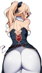 Rule 34 | 1girl, absurdres, ass, back, bare shoulders, belt, blonde hair, blue eyes, blush, bow, breasts, genshin impact, hair bow, highres, jean (genshin impact), katsuragi nantoka, large breasts, long hair, looking at viewer, looking back, pants, ponytail, sidelocks, solo, tight clothes, tight pants, white pants