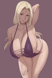 Rule 34 | 1girl, armpits, arms behind back, arms up, bare arms, bare legs, bare shoulders, blonde hair, breasts, facial mark, forehead mark, highres, huge breasts, ma mi fe, naruto (series), one-piece swimsuit, purple one-piece swimsuit, revealing swimsuit (dq), solo, swimsuit, tsunade (naruto)