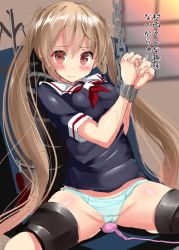 Rule 34 | 1girl, ahoge, black serafuku, blush, bound, brown hair, chain, chained wrists, clenched hands, cuffs, kantai collection, long hair, looking at viewer, mokufuu, monochrome, murasame (kancolle), no pants, panties, red eyes, sailor collar, school uniform, serafuku, sex toy, shackled, shackles, short sleeves, solo, spread legs, twintails, underwear, vibrator