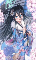 Rule 34 | 1girl, :d, alternate costume, aris (blue archive), black hair, blue archive, blue eyes, blue kimono, blue sash, blush, cherry blossoms, commentary, day, english commentary, floral print, flower, fur-trimmed kimono, fur trim, furisode, hair between eyes, hair flower, hair ornament, halo, happy, highres, holding, holding umbrella, japanese clothes, kimono, long hair, long hair between eyes, long sleeves, looking at viewer, obiage, obijime, oil-paper umbrella, one side up, open mouth, outdoors, pink flower, print kimono, reneua, sash, sidelocks, smile, solo, tree, umbrella, very long hair, white flower, wide sleeves, winter clothes