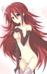 Rule 34 | 1girl, bad id, bad pixiv id, blush, breasts, cordelia (fire emblem), covered erect nipples, cowboy shot, echizen (hvcv), elbow gloves, feather hair ornament, feathers, fire emblem, fire emblem awakening, flipped hair, from side, gloves, hair between eyes, hair ornament, hand on thigh, heart, heart background, highres, long hair, looking at viewer, navel, nintendo, nipples, nude, parted lips, puffy nipples, red eyes, red hair, skinny, small breasts, solo, standing, thighhighs, uncensored, very long hair, white thighhighs