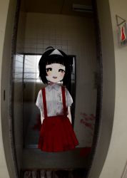 Rule 34 | 1girl, ahoge, arms behind back, black hair, blunt ends, blush, bob cut, collared shirt, doorway, female focus, fisheye, floating, ghost, hanako-san (toire no hanako-san), highres, indie virtual youtuber, looking at viewer, mixed media, no legs, open mouth, photo background, pono, red skirt, restroom, shirt, skirt, solo, suspender skirt, suspenders, tile wall, tiles, toire no hanako-san, triangular headpiece, virtual youtuber, white shirt