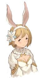 1girl blonde_hair blush breasts brown_eyes cleavage djeeta_(granblue_fantasy) flower frown granblue_fantasy hair_flower hair_ornament hanarito leotard looking_at_viewer medium_breasts playboy_bunny sage_(granblue_fantasy) short_hair solo tearing_up upper_body