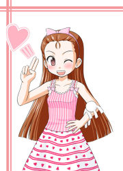 Rule 34 | 00s, 1girl, ;d, armpits, bare shoulders, blush, bow, brown eyes, brown hair, collarbone, dress, hair bow, hairband, hand on own hip, heart, idolmaster, idolmaster (classic), idolmaster 1, long hair, looking at viewer, minase iori, one eye closed, open mouth, pink bow, pink dress, shinjou ryou, sleeveless, sleeveless dress, smile, solo, very long hair, wink