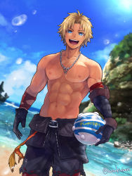 Rule 34 | 1boy, abs, ball, blitzball, blonde hair, blue eyes, final fantasy, final fantasy x, gloves, holding, holding ball, jewelry, lens flare, male focus, muscular, necklace, ocean, open mouth, outdoors, pectorals, solo, tidus, toned, toned male, torakichi (ebitendon), twitter username, water