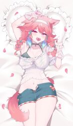 Rule 34 | 1girl, animal ears, arm out of sleeve, armpits, bed sheet, bikini, blush, braid, breasts, cat ears, cat tail, choker, denim, denim shorts, earrings, feather earrings, feathers, gradient hair, green choker, green hair, hairband, half-closed eyes, highres, hololive, hololive english, jewelry, long hair, looking at viewer, lying, multicolored hair, navel, official alternate costume, official alternate hairstyle, on back, on bed, orange hair, pacifier, pale color, pillow, pillow grab, purple eyes, revision, shorts, solo, streaked hair, swimsuit, tail, takanashi kiara, takanashi kiara (casual), thighs, twin braids, two-tone hair, virtual youtuber, white hairband, yufu