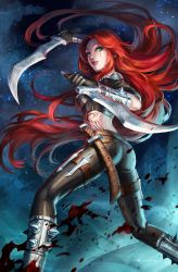 Rule 34 | 1girl, black gloves, black pants, blood, dagger, dual wielding, gloves, green eyes, highres, holding, holding weapon, katarina (league of legends), knife, kyurin (sunnydelight), league of legends, long hair, midriff, pants, red hair, scar, smile, solo, weapon