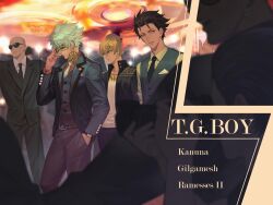 Rule 34 | 6+boys, absurdres, adjusting eyewear, belt, black hair, black jacket, black pants, black suit, black vest, blonde hair, buttons, camera, camera flash, closed mouth, collared shirt, earrings, fate/grand order, fate (series), formal, gilgamesh (fate), glasses, green vest, hand in pocket, hand up, highres, holding, holding camera, iketsumi, jacket, jewelry, karna (fate), looking to the side, multiple boys, necktie, open clothes, open jacket, ozymandias (fate), pants, parted lips, pocket tissue, red eyes, red shirt, shirt, suit, sunglasses, vest, white shirt