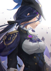 Rule 34 | 1girl, aiguillette, artist name, black corset, black hat, black ribbon, blue hair, bow, bowtie, breasts, buttons, cape, chizukeik, clorinde (genshin impact), closed mouth, commentary, corset, dark blue hair, english commentary, expressionless, eyelashes, genshin impact, hair between eyes, hair ribbon, hat, hat feather, highres, long hair, long sleeves, looking to the side, low ponytail, medium breasts, multicolored hair, ponytail, profile, purple bow, purple bowtie, purple cape, purple eyes, ribbon, shirt, sidelocks, simple background, solo, streaked hair, tricorne, upper body, vision (genshin impact), white background, white shirt