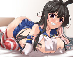 Rule 34 | 1girl, bed, bed sheet, black hair, blurry, blurry background, breast press, breasts, cosplay, detached sleeves, elbow gloves, gloves, highres, kantai collection, large breasts, naganami (kancolle), shimakaze (kancolle), skirt, smile, tagme, teeth, thighhighs, white gloves, yellow eyes, yoshi tama