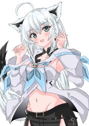Rule 34 | 1girl, absurdres, ahoge, amanotti 01, animal ears, black shorts, blush, braid, breasts, detached sleeves, fox ears, fox girl, fox tail, grey eyes, highres, hololive, hood, hoodie, long hair, looking at viewer, medium breasts, navel, open mouth, shirakami fubuki, shirakami fubuki (1st costume), shorts, single braid, smile, solo, tail, virtual youtuber, white hair, white hoodie, white sleeves