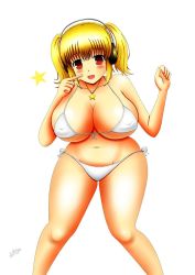 Rule 34 | 1girl, bad id, bad pixiv id, bikini, blonde hair, blush, breasts, cleavage, finger to own chin, headphones, huge breasts, looking at viewer, navel, nitroplus, one-piece swimsuit, open mouth, orange eyes, plump, short hair, smile, solo, super pochaco, swimsuit, twintails, white bikini, white one-piece swimsuit
