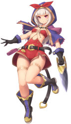 Rule 34 | 1girl, belt, belt buckle, belt pouch, boots, breasts, buckle, cloak, expressionless, full body, gloves, highres, holding, holding weapon, hood, hooded cloak, knee boots, leg up, looking at viewer, original, pink eyes, pouch, sasaame, short hair, simple background, small breasts, solo, underboob, weapon, white background, white hair