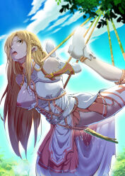 Rule 34 | 1girl, absurdres, armor, arms behind back, asuna (sao), blue sky, bound, braid, branch, breastplate, breasts, brown eyes, brown hair, cloud, commentary request, crown braid, crying, crying with eyes open, day, detached sleeves, eyelashes, fan che yu hakase, female focus, french braid, from below, hair over one eye, highres, knights of blood uniform (sao), large breasts, long hair, mixed-language commentary, nipples, object insertion, one breast out, open mouth, outdoors, pleated skirt, pussy juice, red skirt, restrained, saliva, saliva trail, shirt, short ponytail, skirt, sky, sleeveless, sleeveless shirt, solo, suspension, sword art online, tears, teeth, thighhighs, tongue, torn clothes, torn shirt, torn skirt, torn thighhighs, tree, upper teeth only, vaginal, vaginal object insertion, white footwear, white shirt, white sleeves, white thighhighs