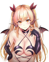 Rule 34 | 1girl, armpit crease, bare shoulders, bat wings, blonde hair, blush, breasts, choker, cleavage, closed mouth, collarbone, criss-cross halter, demon girl, demon horns, elbow gloves, fang, fang out, frown, gentsuki, gloves, groin, hair ribbon, halterneck, hand on own hip, horns, lily (gentsuki), long hair, looking at viewer, medium breasts, navel, orange eyes, original, playing with own hair, pointy ears, purple ribbon, revealing clothes, ribbon, shachiku succubus no hanashi, sidelocks, simple background, solo, tail, thick eyebrows, title, very long hair, white background, wings