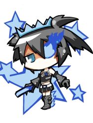 Rule 34 | 10s, 1girl, black hair, black rock shooter, black rock shooter (character), black rock shooter beast, blue eyes, chibi, crown, female focus, full body, solo, twintails, white background
