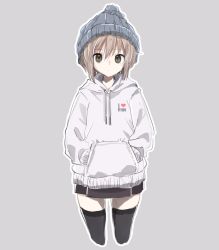 Rule 34 | 1girl, beanie, black thighhighs, blue hat, brown hair, brown skirt, closed mouth, clothes writing, cowboy shot, cropped legs, english text, green eyes, grey background, grey hoodie, hands in pockets, hat, highres, hood, hood down, hoodie, i heart..., looking at viewer, nagato yuki, nanabuluku, outline, pleated skirt, revision, short hair, simple background, skirt, solo, suzumiya haruhi no yuuutsu, thighhighs, white outline