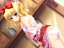 Rule 34 | 1girl, akamaru, aqua eyes, ass, blonde hair, blush, bow, bra, dressing, dutch angle, from behind, frown, fuwari complex, game cg, hair bow, highres, indoors, lingerie, looking at viewer, looking back, maeda kate, official art, panties, solo, underwear, undressing, white panties