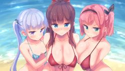 Rule 34 | 3girls, bad id, bad pixiv id, bare shoulders, beach, bikini, black ribbon, blue eyes, blunt bangs, blush, breast press, breasts, brown hair, cleavage, collarbone, covered erect nipples, day, front-tie bikini top, front-tie top, girl sandwich, green eyes, hair ornament, hair ribbon, hairband, halterneck, highres, large breasts, long hair, looking at viewer, medium breasts, mochizuki momiji, mole, mole on breast, multiple girls, navel, new game!, nitro (mugityaoisii), one side up, outdoors, penguin hair ornament, pink hair, ponytail, purple eyes, purple hair, red bikini, ribbon, sandwiched, short hair, smile, suzukaze aoba, swimsuit, takimoto hifumi, twintails, upper body, very long hair, water