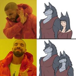 Rule 34 | 1girl, 2boys, angrycr0bar, animal ears, animal nose, beard, body fur, breasts, comparison, drake (rapper), drakeposting (meme), facial hair, flat color, frown, furry, furry female, furry male, grey fur, hand up, highres, index finger raised, jacket, medium breasts, meme, multiple boys, muscular, muscular male, orange jacket, original, pointing, red shirt, sexual dimorphism, shirt, simple background, smile, snout, split mouth, tank top, two-tone fur, upper body, white background, wolf boy, wolf ears, wolf girl, yellow background