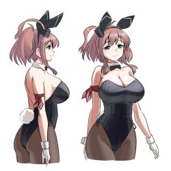 Rule 34 | 1girl, animal ears, ass, back, bare shoulders, black leotard, black pantyhose, blue eyes, borrowed design, bow, bowtie, breasts, brown hair, cleavage, covered navel, detached collar, fake animal ears, hair between eyes, high side ponytail, kantai collection, large breasts, leotard, long hair, pantyhose, playboy bunny, ponytail, rabbit ears, rabbit tail, saratoga (kancolle), side ponytail, smile, solo, strapless, strapless leotard, tail, tamu (mad works), traditional bowtie, wrist cuffs