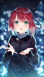 Rule 34 | 1girl, :o, black jacket, blue bow, blurry, blurry background, blush, bow, breath, buttons, commentary request, depth of field, green eyes, hair between eyes, hair bow, hands up, highres, jacket, long sleeves, looking at viewer, medium hair, night, night sky, nonono (nononotea), open mouth, original, outdoors, outstretched hand, red hair, sidelocks, signature, sky, snowflakes, snowing, solo, upper body, winter