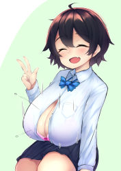 Rule 34 | 1girl, :d, ahoge, black hair, black skirt, blue bow, blush, bow, bow bra, bowtie, bra, breasts, bursting breasts, cleavage, collared shirt, cowboy shot, closed eyes, fang, green background, grin, hand up, huge breasts, long sleeves, looking at viewer, messy hair, miniskirt, motion lines, open clothes, open mouth, open shirt, original, pink bra, popped button, sagging breasts, school uniform, see-through, see-through shirt, shirt, short hair, shortstack, sitting, skirt, smile, solo, taut clothes, underwear, v, wardrobe malfunction, watari1118, waving, white shirt