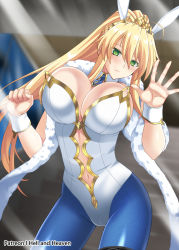 Rule 34 | 1girl, against glass, animal ears, artoria pendragon (all), artoria pendragon (fate), artoria pendragon (swimsuit ruler) (fate), blonde hair, blue necktie, blush, braid, breast press, breasts, breasts on glass, cleavage, closed mouth, clothing cutout, detached collar, fake animal ears, fate/grand order, fate (series), feather boa, fishnet pantyhose, fishnets, french braid, hellandheaven, highleg, highleg leotard, highres, large breasts, leotard, long hair, looking at viewer, navel, navel cutout, necktie, pantyhose, playboy bunny, ponytail, rabbit ears, sidelocks, solo, thighs, tiara, white leotard, wrist cuffs