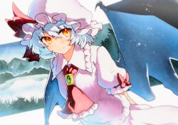 Rule 34 | 1girl, arms behind back, ascot, bat wings, blue hair, bow, closed mouth, commentary request, frilled ascot, frilled shirt collar, frills, full body, hat, hat ribbon, highres, looking at viewer, medium hair, pink hat, pink shirt, pink skirt, puffy short sleeves, puffy sleeves, qqqrinkappp, red ascot, red bow, red eyes, red ribbon, remilia scarlet, ribbon, shirt, short sleeves, skirt, sleeve bow, smile, solo, touhou, traditional media, wings
