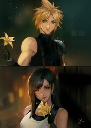 Rule 34 | 1boy, 1girl, absurdres, arialla draws, armor, bare shoulders, black gloves, black hair, blonde hair, blue eyes, blurry, blurry background, breasts, cloud strife, commentary, couple, earrings, english commentary, final fantasy, final fantasy vii, final fantasy vii remake, fingerless gloves, flower, gloves, highres, holding, holding flower, jewelry, large breasts, light blush, long hair, looking at viewer, night, night sky, parted lips, pov, red eyes, red lips, short hair, shoulder armor, signature, single bare shoulder, single earring, sky, sleeveless, sleeveless turtleneck, smile, spiked hair, suspenders, sweater, swept bangs, tank top, teardrop earrings, tifa lockhart, turtleneck, turtleneck sweater, upper body, white tank top, yellow flower