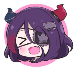 Rule 34 | &gt; &lt;, 1girl, :d, > <, chibi, commentary request, eyepatch, facing viewer, fang, hair between eyes, hair ornament, hayasaka mirei, horns, idolmaster, idolmaster cinderella girls, multicolored hair, nozo (hitomiz), open mouth, pink background, purple hair, red hair, smile, solo, streaked hair, two-tone background, white background, xd