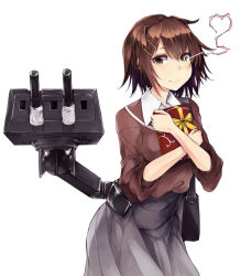 Rule 34 | 1girl, blush, box, breasts, brown hair, furutaka (kancolle), gift, gift box, glowing, glowing eye, grey skirt, hair between eyes, hair ornament, hairclip, heart, heterochromia, holding, holding gift, kantai collection, kurou (bcrow), looking at viewer, official alternate costume, rigging, short hair, simple background, skirt, smile, solo, upper body, white background