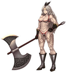 Rule 34 | 1girl, abs, amazon (dragon&#039;s crown), armor, axe, bare shoulders, battle axe, bikini armor, blonde hair, blue eyes, boots, breasts, circlet, cleavage, collarbone, dragon&#039;s crown, feathers, female focus, full body, gloves, hand on own hip, highres, huge breasts, katagiri (a1466502), long hair, looking at viewer, muscular, muscular female, navel, simple background, solo, standing, tattoo, thick thighs, thighs, weapon, white background