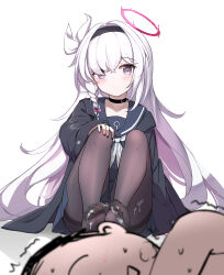 Rule 34 | 1boy, 1girl, absurdres, aftersex, doodle sensei (blue archive), black choker, black coat, black eyes, black hairband, black nails, black pantyhose, black sailor collar, black serafuku, blue archive, blush, choker, closed mouth, coat, commentary request, cum on body, cum on feet, cum on legwear, fainted, fengqun, hair ribbon, hairband, halo, hand on own knee, highres, implied footjob, knees up, light smile, long hair, long sleeves, looking at viewer, neckerchief, no shoes, open clothes, open coat, pantyhose, plana (blue archive), red halo, ribbon, sailor collar, school uniform, sensei (blue archive), serafuku, simple background, sitting, soles, solo focus, thighband pantyhose, trembling, very long hair, white background, white hair, white neckerchief, white ribbon