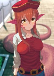 Rule 34 | 1girl, belt, blurry, blurry background, blush, bracelet, closed mouth, collarbone, covered erect nipples, fagi (kakikaki), fang, fang out, hair between eyes, hair ornament, hair over breasts, hair over one breast, hairclip, hat, highres, jacket, jewelry, lamia, long hair, looking at viewer, miia (monster musume), monster girl, monster musume no iru nichijou, outdoors, pointy ears, red hair, red shirt, scales, shirt, sidelocks, skirt, smile, solo, tail, taut clothes, taut shirt, yellow eyes