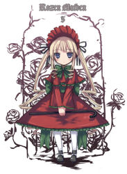 Rule 34 | 00s, 1girl, blonde hair, blue eyes, bow, bowtie, full body, gozen shinshi, green bow, green bowtie, long sleeves, looking at viewer, own hands together, pantyhose, rozen maiden, shinku, simple background, solo, standing, v arms, white background, white pantyhose
