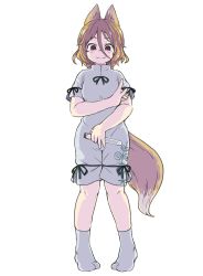Rule 34 | 1girl, animal ears, blonde hair, blush stickers, brown hair, fox ears, fox shadow puppet, fox tail, full body, hair between eyes, highres, holding, holding test tube, kudamaki tsukasa, looking at viewer, metoocondoria, pigeon-toed, romper, short hair, simple background, solo, tail, test tube, touhou, vial, white background