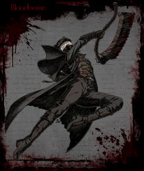 Rule 34 | 1boy, arm up, belt, black capelet, black gloves, black hat, blood, blood splatter, bloodborne, boots, brown belt, brown coat, brown footwear, brown pants, brown shirt, capelet, coat, commentary request, copyright name, gloves, grey background, grey shirt, hat, highres, hunter (bloodborne), kamezaemon, leg up, long sleeves, male focus, mask, mouth mask, outstretched leg, pants, saw, saw cleaver, shirt, solo, stone wall, tricorne, wall, weapon