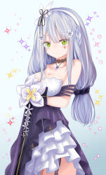 Rule 34 | 1girl, absurdres, bare shoulders, black gloves, black ribbon, blue background, blunt bangs, blush, breasts, choker, cleavage, closed mouth, collarbone, cowboy shot, dress, earrings, eyes visible through hair, flower, framed breasts, garter straps, gem, girls&#039; frontline, gloves, green eyes, hairband, hand on own arm, hand on own chest, hand up, headband, heart, heart-shaped pupils, highres, hk416 (girls&#039; frontline), hk416 (starry cocoon) (girls&#039; frontline), holding, holding clothes, holding dress, jewelry, lace, lace choker, layered dress, lens flare, light brown hair, light particles, long hair, looking at viewer, medium breasts, multi-tied hair, necklace, official alternate costume, pendant, petals, ribbon, ru zhai, silver hair, simple background, solo, sparkle, symbol-shaped pupils, thighs, very long hair, white flower, white hairband, white headband