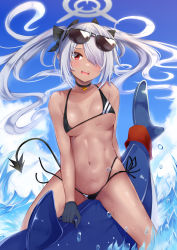 Rule 34 | 1girl, bare arms, bare shoulders, bikini, black bikini, black choker, black gloves, blue archive, bow, breasts, choker, eyewear on head, floating hair, gloves, hair bow, hair over one eye, halo, highres, inflatable shark, inflatable toy, iori (blue archive), iori (swimsuit) (blue archive), irohara, long hair, looking at viewer, multi-strapped bikini bottom, navel, open mouth, outdoors, pointy ears, red eyes, riding, side-tie bikini bottom, small breasts, solo, stomach, string bikini, sunglasses, swimsuit, tail, thighs, twintails, water, wet, white hair